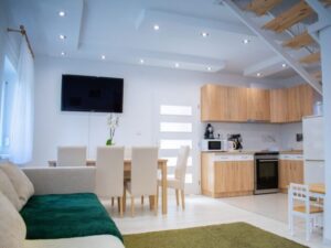 Interior of spacious dining room and kitchen with modern appliances and comfortable chairs and sofa